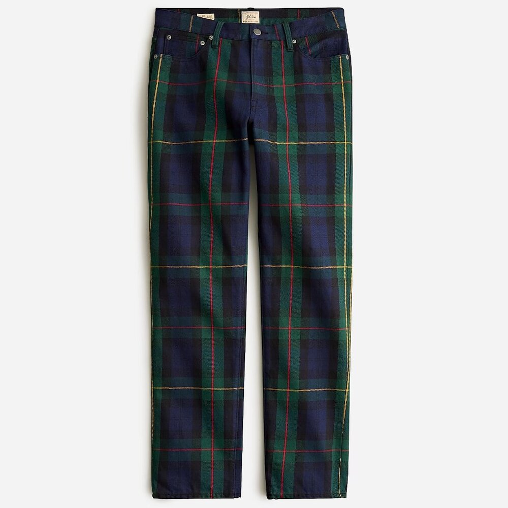 NWT $168 J Crew Blue Green Tartan Plaid Denim Christmas Pants, Straight Jeans